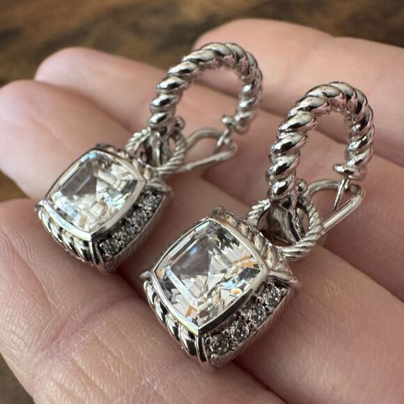 Judith Ripka Diamonique Earrings CZ & Sterling Silver Dangle Hoop Asscher Cut - Picture 6 of 8